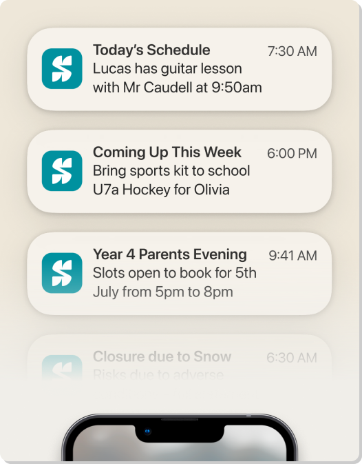 School Run notifications: today's schedule, what is coming up this week, and a parents evening booking